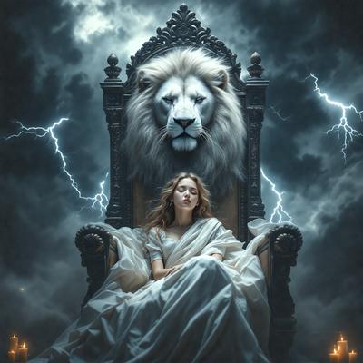 The primary subject of the image is a woman sitting in a chair, possibly a throne. She is wearing a white dress and appears to be resting or sleeping. The setting is a dark room with a cloudy sky visible in the background. The visual style is a digital art or illustration, creating a dramatic and moody atmosphere. The colors are predominantly dark, with the woman's white dress standing out against the darker background.
